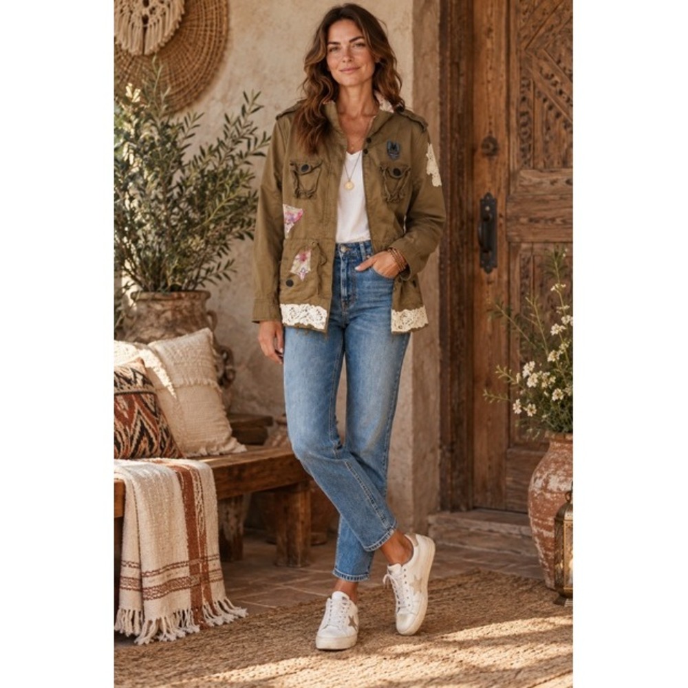 Women's Brown FFreeloral Patchwork Boho Jacket Lace Trim Utility Military Style
